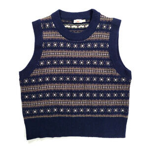Faherty Womens Small Fair Isle Merino Wool Blend Sweater Vest Pullover Knit Navy